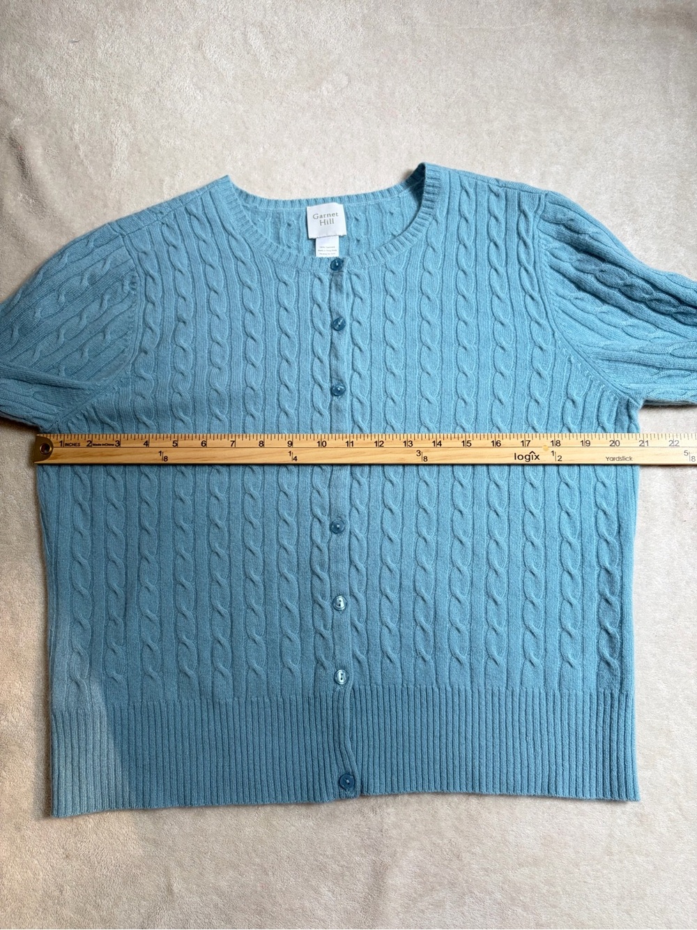 Garnet Hill Cashmere 3/4 Sleeve Cable Knit Button Front Cardigan Sweater - Picture 6 of 11